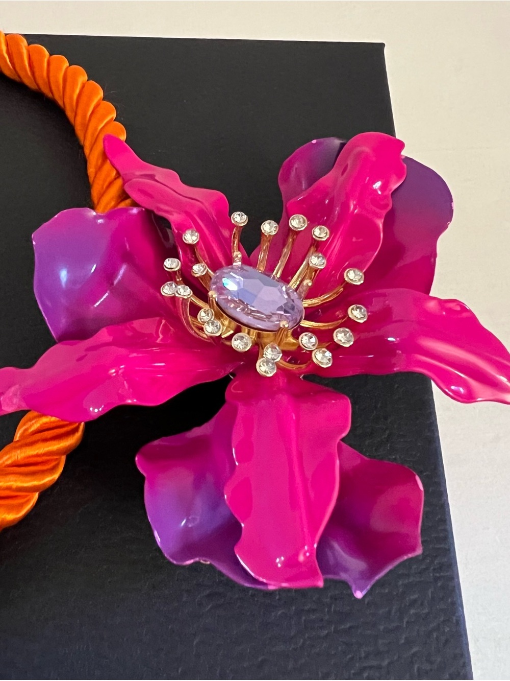 Betsey Johnson Orange Rope Necklace with Hot Pink Floral Pendant - Picture 11 of 16